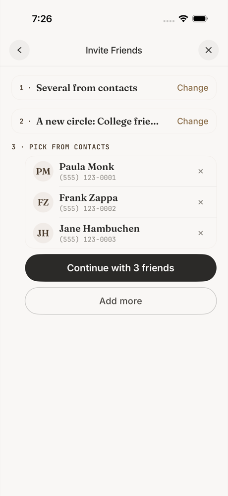 Invite Friends: the user has selected three specific contacts by hand