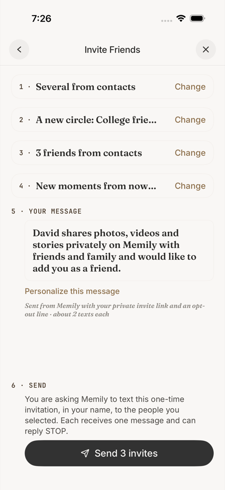 Invite Friends: the Send step shows the sender's attestation above the Send button