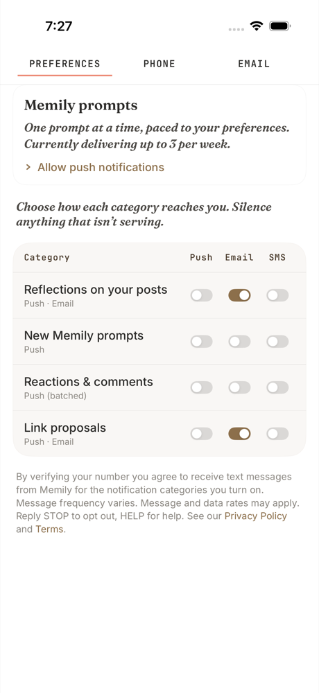 Settings, Notifications: per-category Push, Email and SMS toggles with the SMS consent disclosure beneath