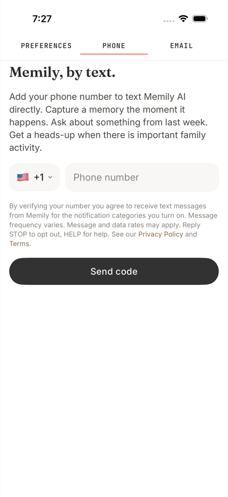 Settings, Phone tab: the consent disclosure sits directly above the Send code button